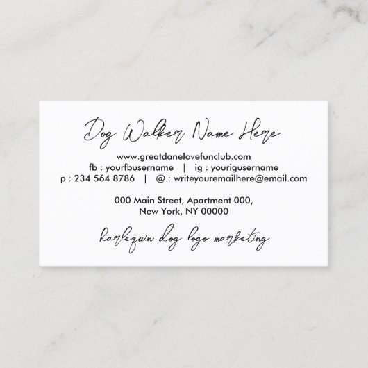 White Great Dane Harlequin Dog Visitekaartje (Achterkant)