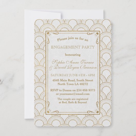 White Great Gatsby Art Deco Gold Engagement Party Kaart (Voorkant)