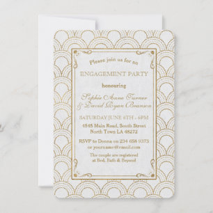 White Great Gatsby Art Deco Gold Engagement Party Kaart