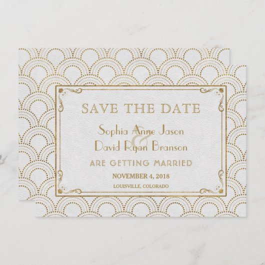 White Great Gatsby Art Deco Gold Save the Date (Voorkant / Achterkant)