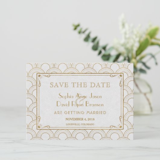 White Great Gatsby Art Deco Gold Save the Date (Staand voorkant)