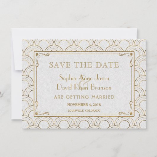 White Great Gatsby Art Deco Gold Save the Date (Voorkant)