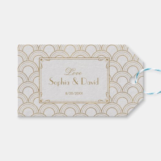 White Great Gatsby Art Deco Gold Wedding Cadeaulabel (Voorkant (Horizontaal))