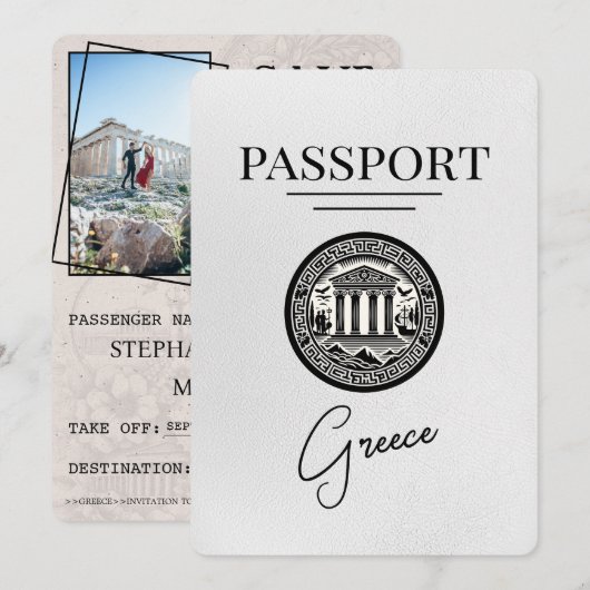 White Greece Passport Save the Date Kaart (Voorkant / Achterkant)