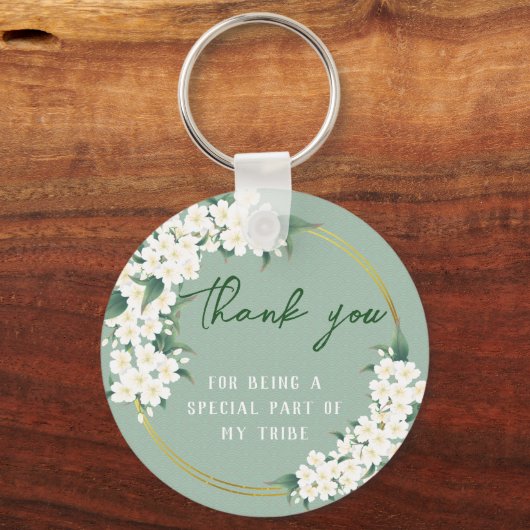 White Green Floral Bride Tribe Wedding Favor Sleutelhanger (Achterkant)