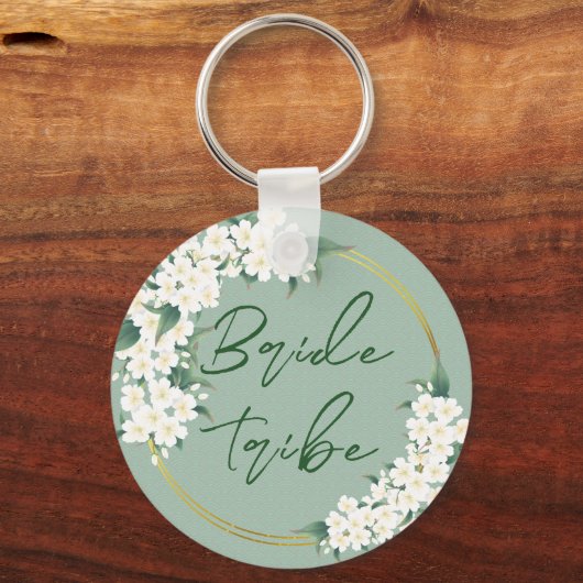 White Green Floral Bride Tribe Wedding Favor Sleutelhanger (Voorkant)