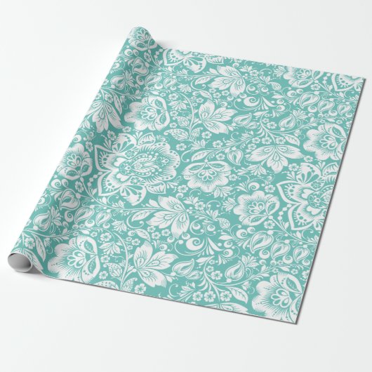 White & Green Floral DamasPattern Cadeaupapier (Uitgerold)