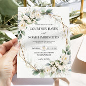 White Green Floral Gold Geometric Wedding Kaart