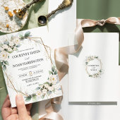 White Green Floral Gold Geometric Wedding Kaart