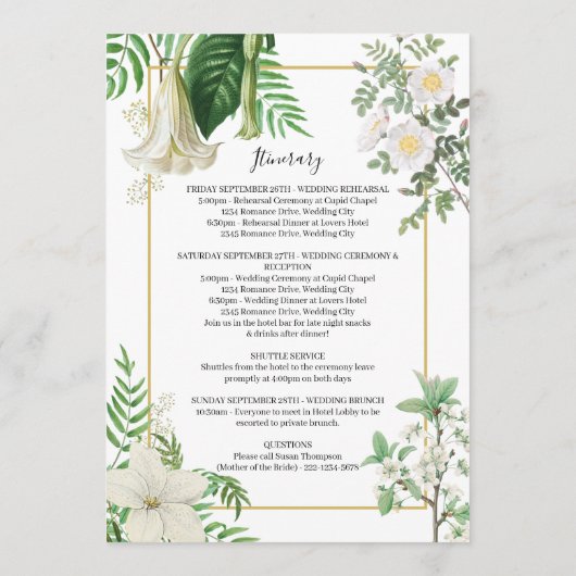 White Green Floral Gold Wedding Itinerary Programm Programmakaart (Achterkant)