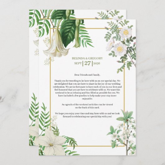 White Green Floral Gold Wedding Itinerary Programm Programmakaart (Voorkant / Achterkant)