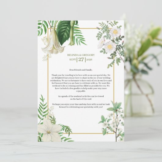 White Green Floral Gold Wedding Itinerary Programm Programmakaart (Staand voorkant)