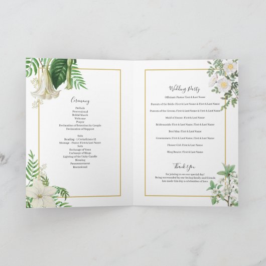 White Green Floral Gold Wedding Order of Service Programma (Binnen)