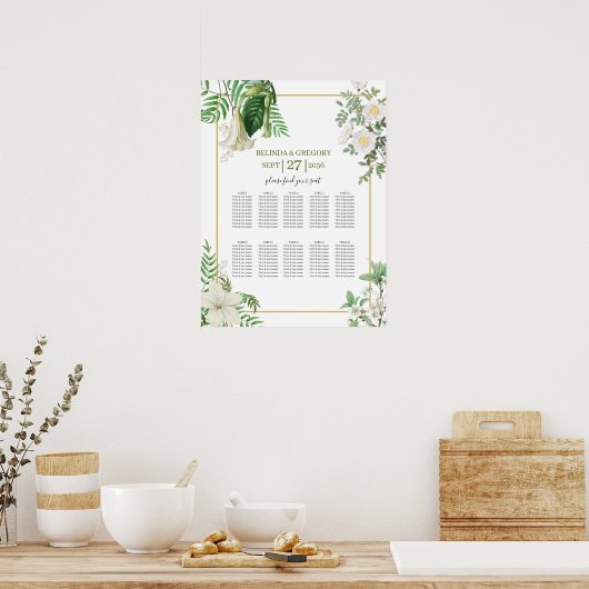 White Green Floral Gold Wedding Seating Chart Poster (Keuken)