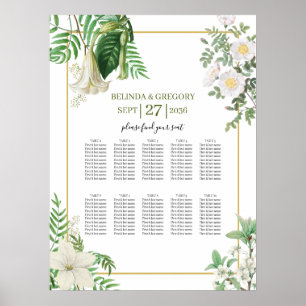 White Green Floral Gold Wedding Seating Chart Poster