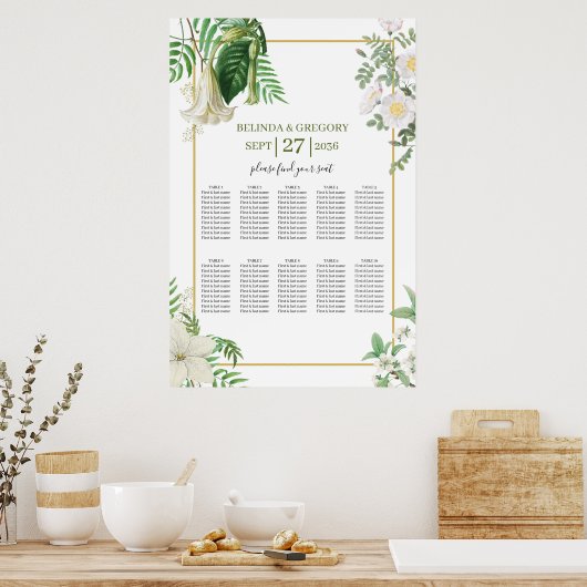 White Green Floral Gold Wedding Seating Chart Poster (Keuken)