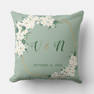 White Green Floral Monogram Wedding Keepslag Kussen