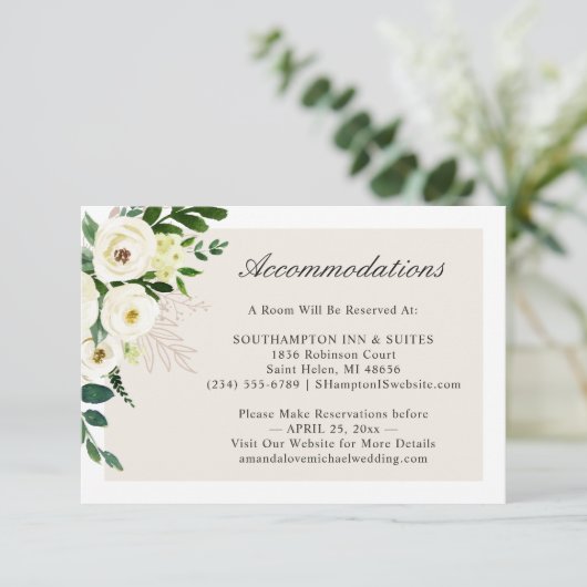 White Green Floral Wedding Accommodations Informatiekaartje (Staand voorkant)