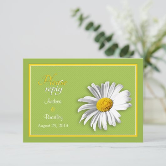 White Green Gold Daisy Wedding RSVP Reply Kaart (Staand voorkant)