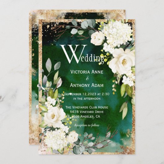 White Green Gold Rustic Floral Wedding Invitation Kaart (Voorkant / Achterkant)