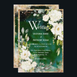 White Green Gold Rustic Floral Wedding Invitation Kaart<br><div class="desc">Prachtige witte florale spray van hydrangea en rozen met groene,  eucalyptus en  goudaccenten. Mooie  rustige achtergrond. Dit is zo'n mooie uitnodiging. Prachtig en perfect voor elk seizoen en je speciale evenement.</div>