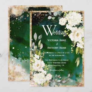 White Green Gold Rustic Floral Wedding Invitation Kaart