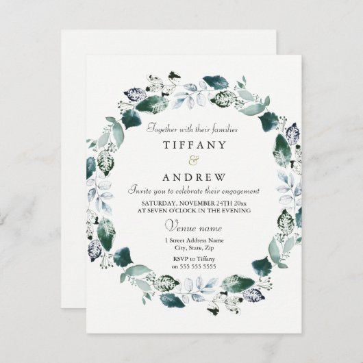 White Green Leaf Wreath Engagement Party nodigt ui Kaart (Voorkant / Achterkant)