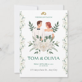 White & Green Minimalist Floral Wedding Invitation Kaart
