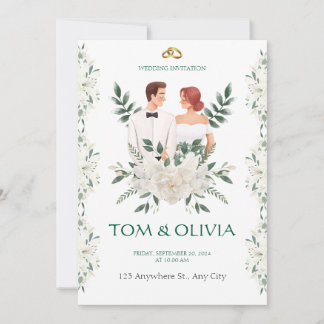White & Green Minimalist Floral Wedding Invitation Kaart