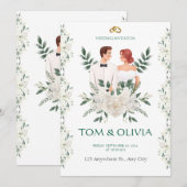 White & Green Minimalist Floral Wedding Invitation Kaart (Voorkant / Achterkant)