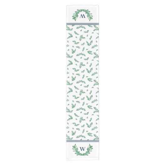 White Green Mistletoe Wreate Monogram Kerstmis Korte Tafelloper (Voorkant)