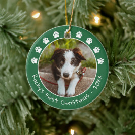 White Green Paw drukt Pet's eerste kerstfoto af Keramisch Ornament
