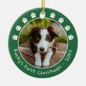 White Green Paw drukt Pet's eerste kerstfoto af Keramisch Ornament (Voorkant)
