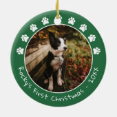 White Green Paw drukt Pet's eerste kerstfoto af Keramisch Ornament (Achterkant)