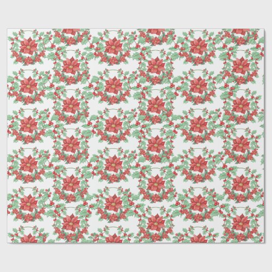 White Green Red Wreath Poinsettia Holiday Cadeaupapier (Vlak)
