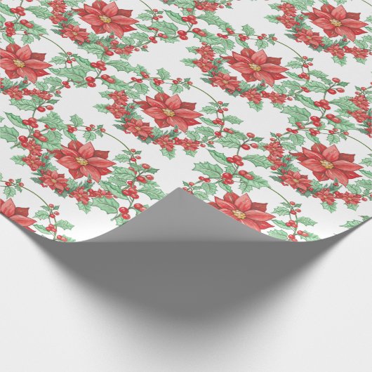 White Green Red Wreath Poinsettia Holiday Cadeaupapier (Hoek)