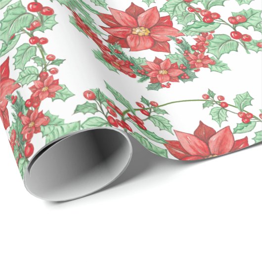 White Green Red Wreath Poinsettia Holiday Cadeaupapier (Rol Hoek)