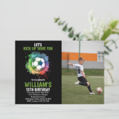 White Green Soccer Birthday met foto Kaart (Staand voorkant)