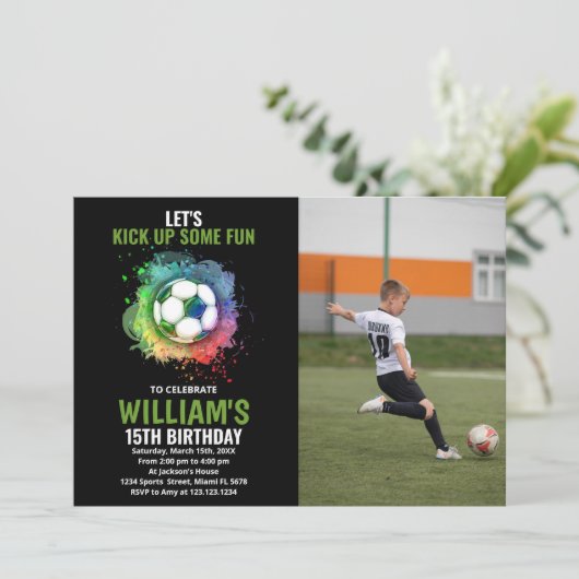 White Green Soccer Birthday met foto Kaart (Staand voorkant)