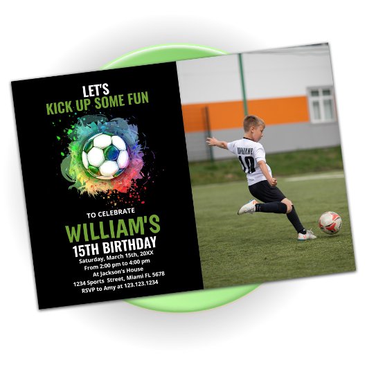 White Green Soccer Birthday met foto Kaart