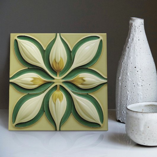 White Green Tulips Symmetrische Art Deco Ceramic T Tegeltje