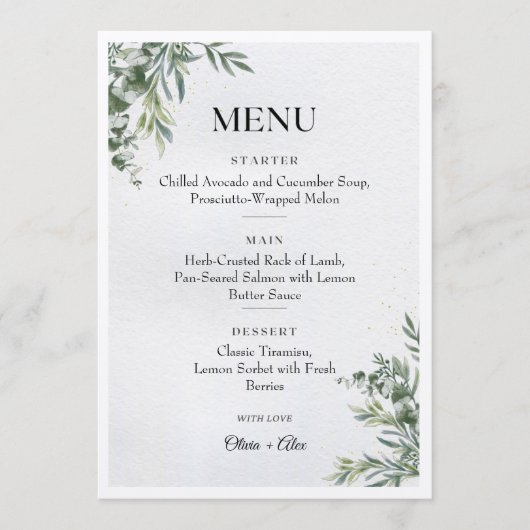 White & Green Watercolor Leaves Wedding Menu (Voorkant)