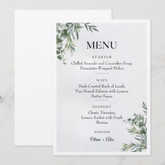 White & Green Watercolor Leaves Wedding Menu (Voorkant / Achterkant)