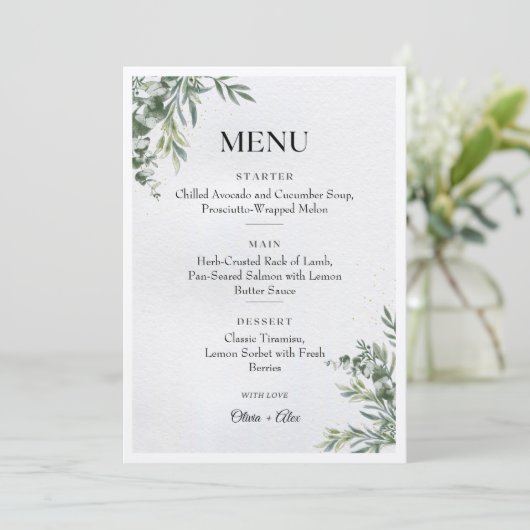 White & Green Watercolor Leaves Wedding Menu (Staand voorkant)