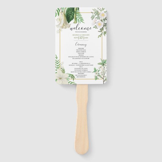 White Green Waterverf Floral Gold Wedding Programm Handwaaier (Voorkant)
