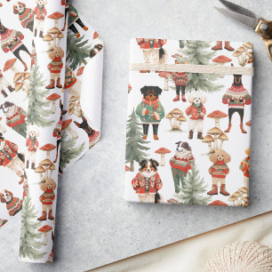 White Green Woodland Dog Kerstmis Cadeaupapier
