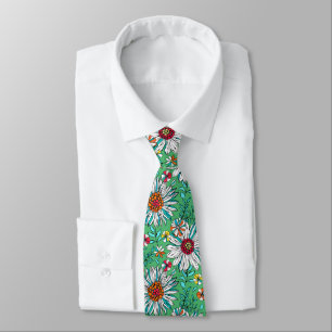 White Green Yellow Oranje Red Daisy Flowers Stropdas