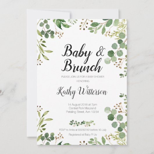 white greenery baby brunch doucheuitnodiging kaart (Voorkant)
