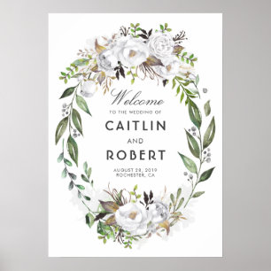 White Greenery Floral Romantic Wedding Welkom Poster