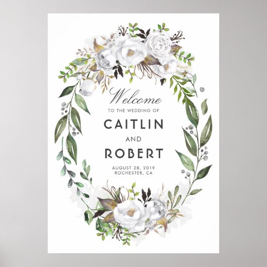 White Greenery Floral Romantic Wedding Welkom Poster (Voorkant)